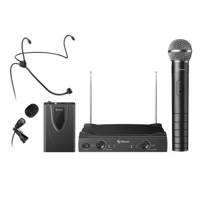 Sistema de 2 micrófonos inalámbricos VHF, de mano y solapa o diadema