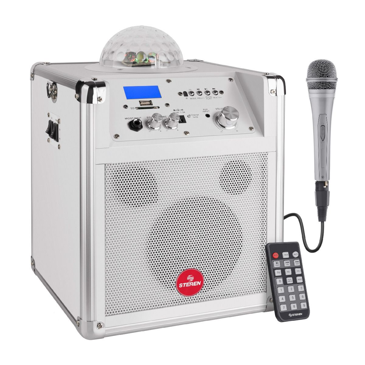 Amplificador de 125 W PMPO Bluetooth con batería recargable y esfera LED, portátil