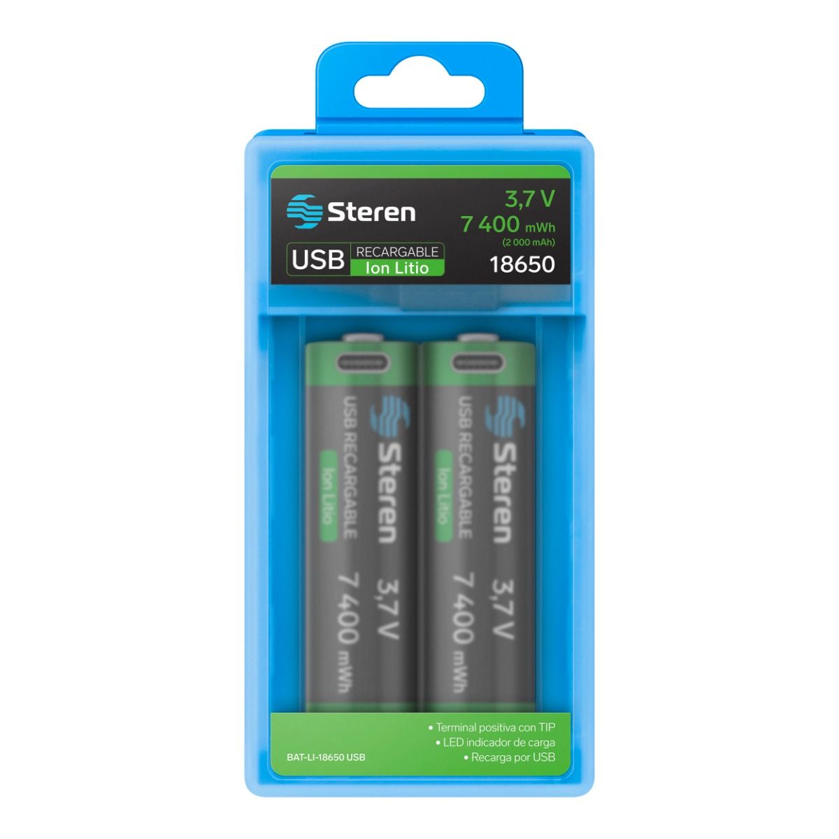 2 baterías recargables USB Li-Ion tipo 18650, de 7 400 mWh