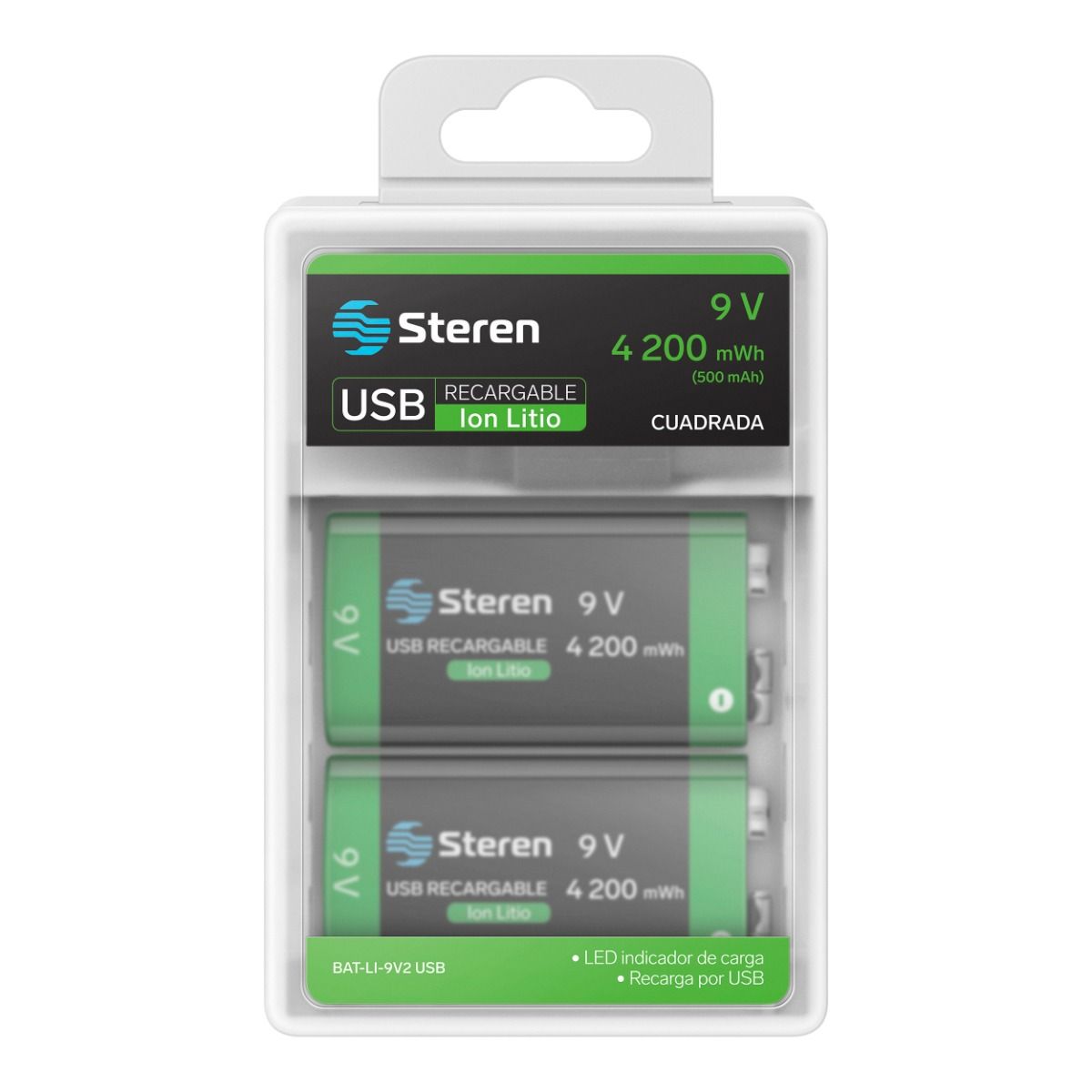 2 baterías recargables USB Li-Ion tipo 9V (cuadrada), de 4 200 mWh