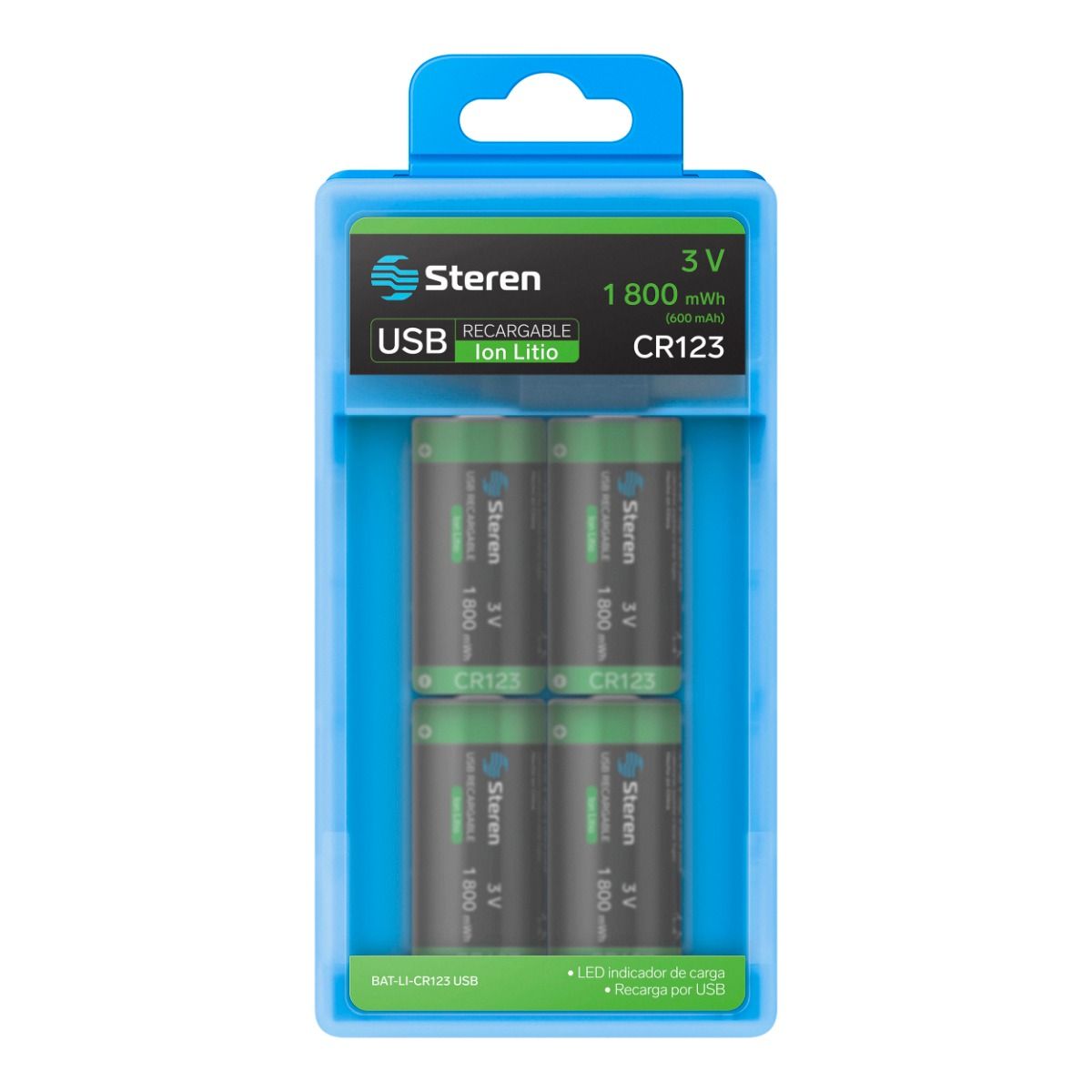 4 baterías recargables USB Li-Ion tipo CR123, de 1 800 mWh