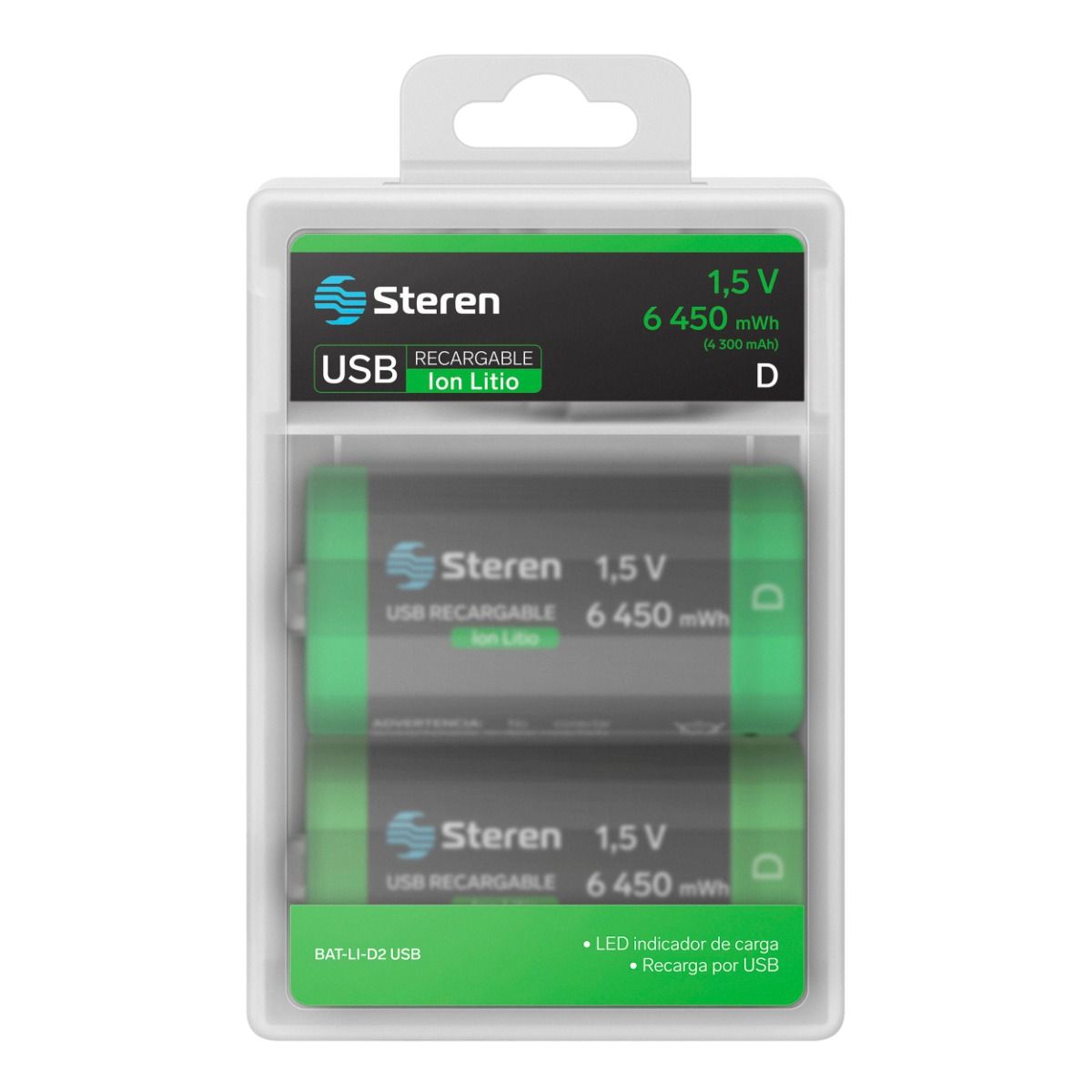 2 baterías recargables USB Li-Ion tipo D, de 6450 mWh