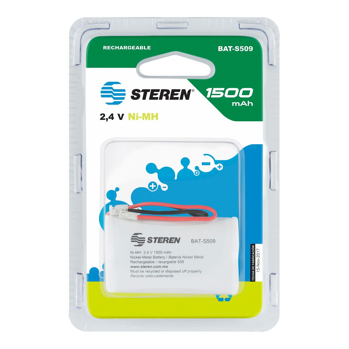 Pila telefónica recargable NiMH 2.4 V, 1,500 mAh