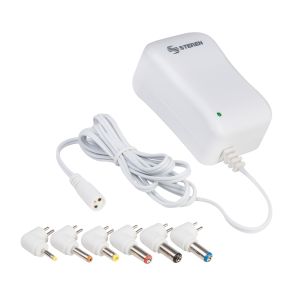 Adaptador de voltaje de 3 a 12 Vcc, 1,2 A con puntas intercambiables, blanco