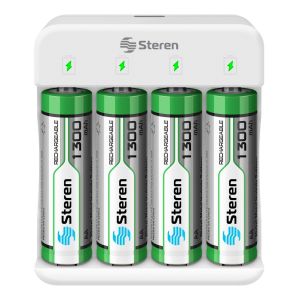 Cargador inteligente de pilas “AA” y “AAA”. Incluye 4 pilas AA