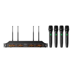 Sistema profesional STAGL de 4 micrófonos inalámbricos UHF con selector automático de frecuencia y batería recargable