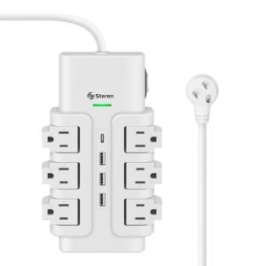 Regleta eléctrica de 6 salidas horizontales giratorias con supresor de picos (108 J) y cargador USB C PD 18 W / USB QC 18 W